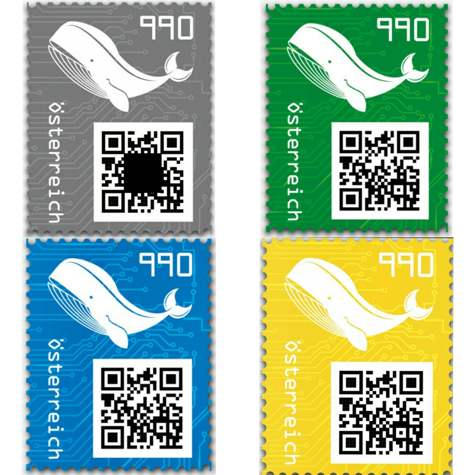 Austria – Crypto Stamps  or CS3 / Miniature Sheet – Short set of 4  Colours ( Yellow, Blue, Green and Black ), Limited – Very Rare – Dharaa  Stamps